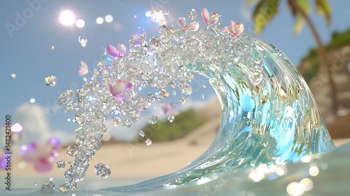 Sparkling Wave of Diamonds and Petals on a Sunny Beach Day