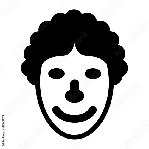 Minimalist graphic illustration of a clown face with curly black hair