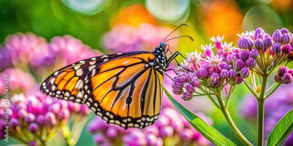 Obraz premium Delicate monarch butterfly perches on vibrant purple milkweed flowers