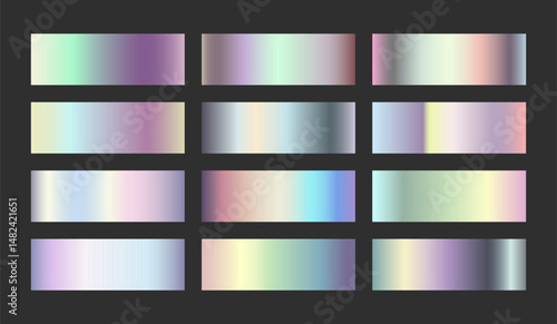 Holographic gradients swatch collection. Iridescent metallic foil texture. Pastel spectrum palettes for dreamy futuristic designs.