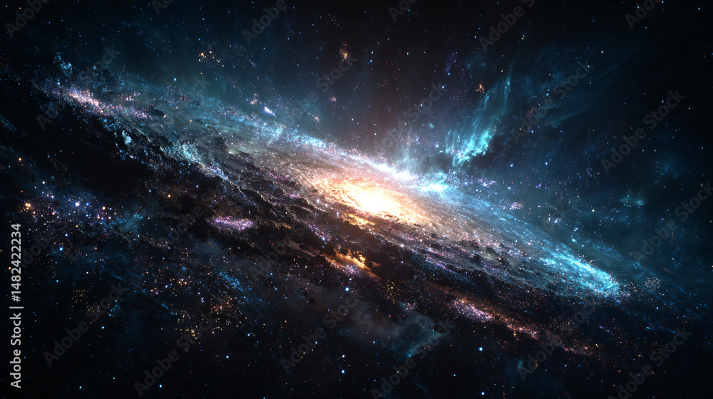 Fototapeta premium Cosmic artwork of a galaxy showcasing shades of deep blue, lavender, and warm yellow.