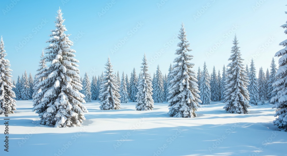 Snow-covered evergreen trees under a clear blue sky in a winter landscape Snow-covered evergreen trees under a clear blue sky in a winter landscape