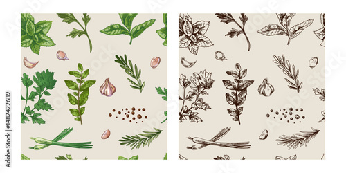 Seamless pattern of herbs, garlic and seasoning in hand drawn vintage engraving style on beige background