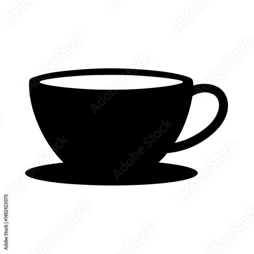A black and white illustration of a stylized coffee cup on a saucer