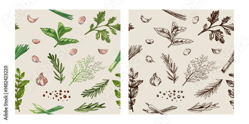 Hand drawn vintage seamless patterns with herbs, garlic and spices in engraved style, color and monochrome versions