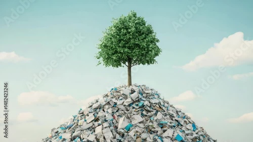 Solitary tree atop mound of waste symbolizes hope and resilience, highlighting urgent need for sustainability in face of pollution and environmental challenges.