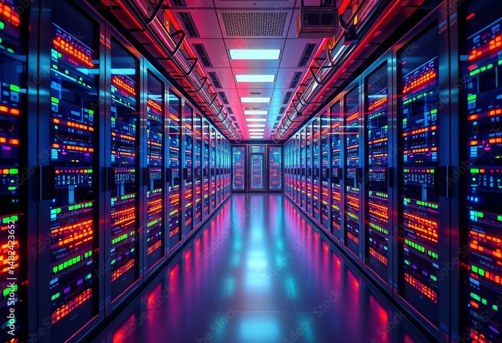Fototapeta premium Abstract futuristic data center with glowing servers, network connections, and data streams, futuristic, digital transformation