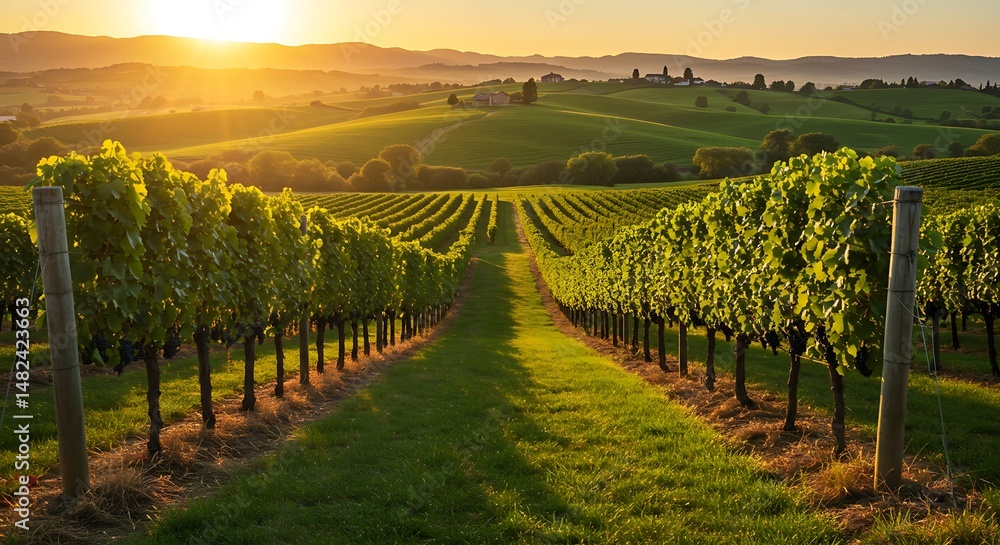 Fototapeta premium Vineyard Rows at Sunset with Rolling Hills and Distant Buildings