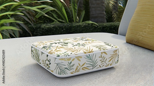 Tropical Leaf Patterned Cushion on Outdoor Seating with Palm Tre