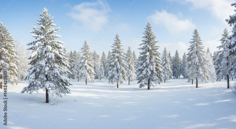 Snow-covered evergreen forest landscape under a clear blue sky Snow-covered evergreen forest landscape under a clear blue sky