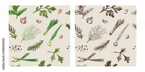 Hand drawn vintage seamless pattern of herbs, garlic, rosemary and onion in engraved style, color and monochrome set