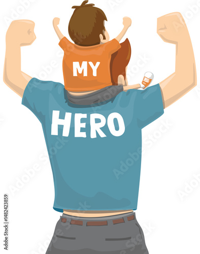 vector illustration of father's day, a man is holding his son on his shoulders and saying my hero, dad, day, family, father, father's, 