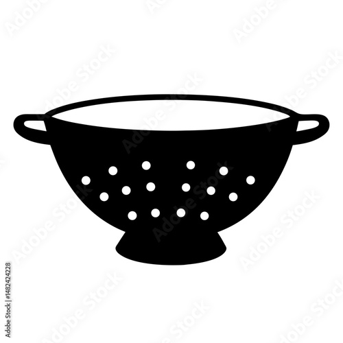 Simple black and white illustration of a colander for kitchen use