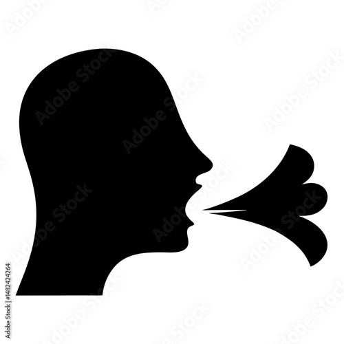 Black silhouette of a head exhaling smoke or breathing heavily, illustration
