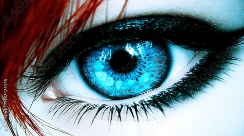 Vivid Blue Eye Close Up with Red Hair Strand