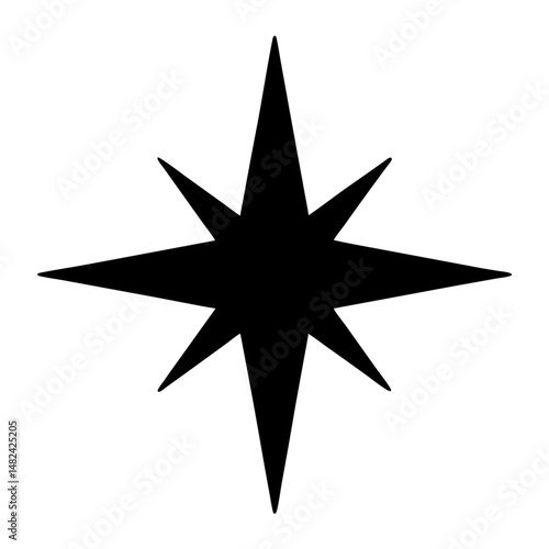 Black eight point star shape on a white background for design