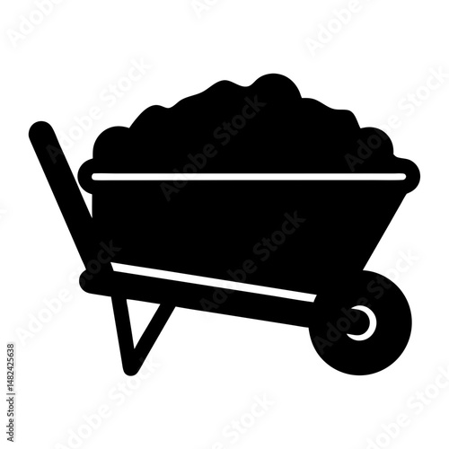 Black silhouette of a wheelbarrow filled with soil or debris, isolated