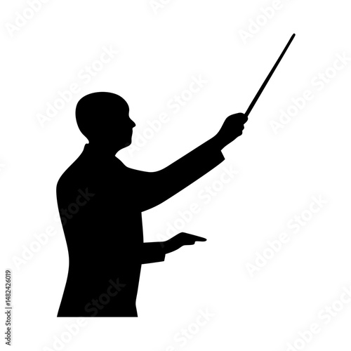 Silhouette of a conductor directing an orchestra with a baton raised high