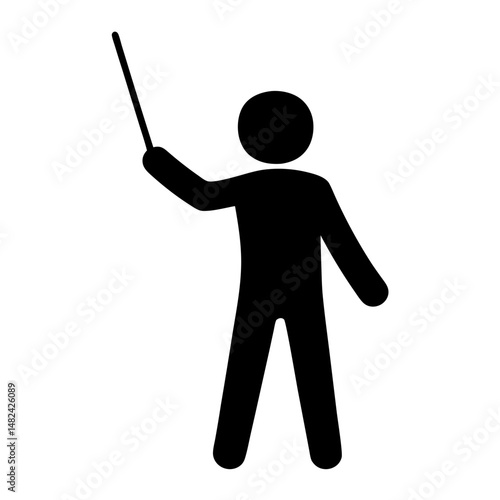 Simple black pictogram of a person presenting with a pointer stick tool