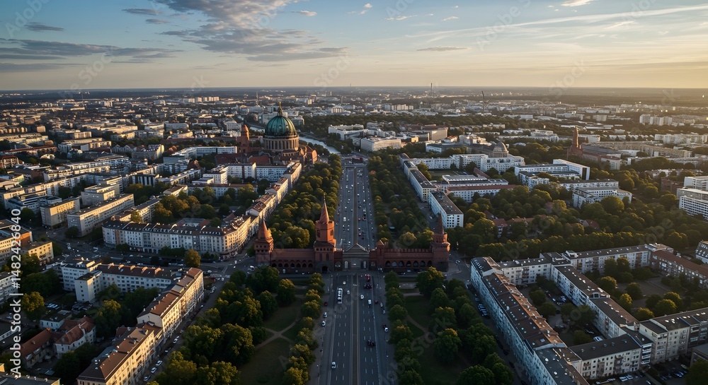 Obraz premium Aerial View of Cityscape with Roads, Buildings and Trees