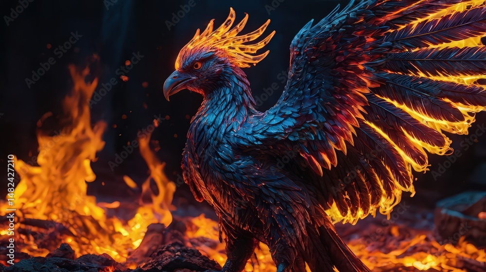 Fototapeta premium A phoenix with blue and black feathers standing amidst a fiery inferno spreading its wings wide open