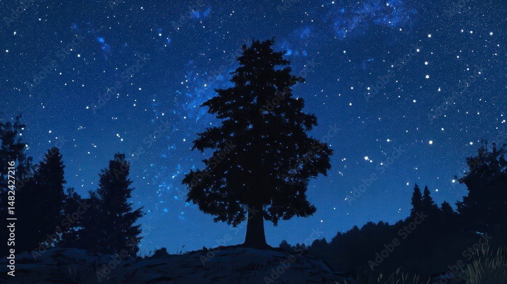 Naklejka premium Silhouetted pine tree on a snow-covered hill under a vibrant, starry night sky.
