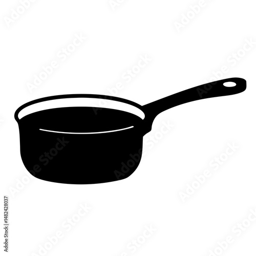 Black and white outline drawing of a cooking pot with a handle
