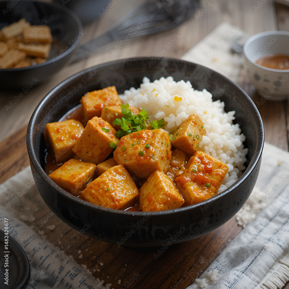 Spicy braised tofu (Dubu Jorim) eating with cooked rice, Korean side dish Spicy braised tofu (Dubu Jorim) eating with cooked rice, Korean side dish