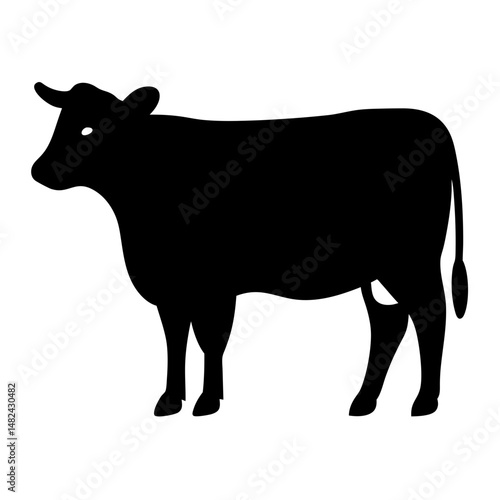 Black silhouette of a horned cow standing on a white background