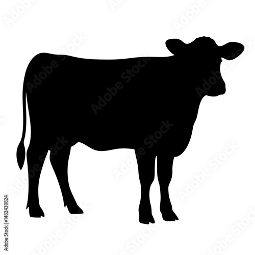 Black silhouette of a cow standing against a solid white background scene
