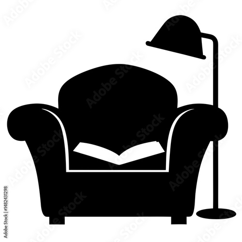 A Cozy Reading Nook with Armchair Lamp and Book Still Life Design
