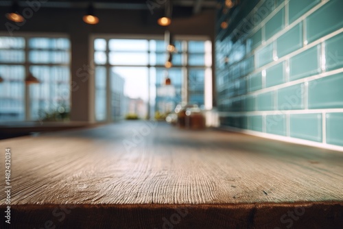 Wallpaper Mural Modern cafe interior, wooden table, teal tiles Torontodigital.ca