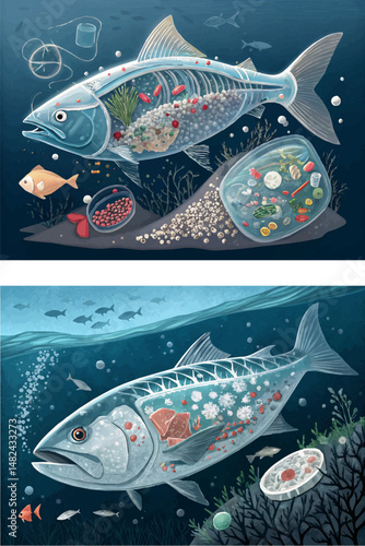 Microplastics inside fish a shocking image of ocean pollution. Visible plastic fibers and particles. Plastic contamination in biological structures. Warning about the dangers of pollution