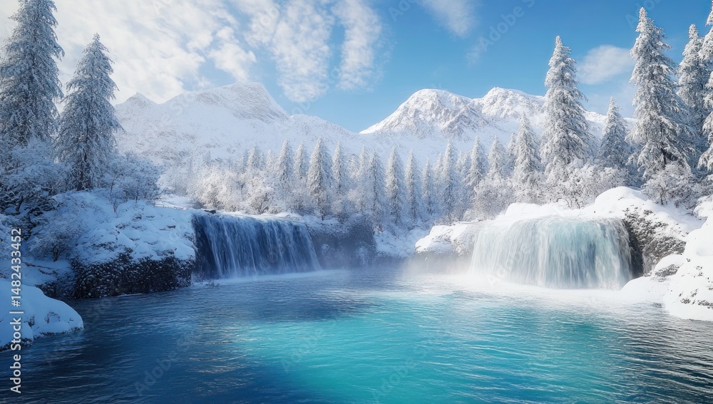 Fototapeta premium Enchanted Winter Wonderland: A Serene Waterfall Cascading Through a Snow-Covered Mountain Landscape