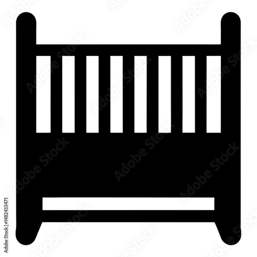 Simple black and white icon of a baby crib with rails