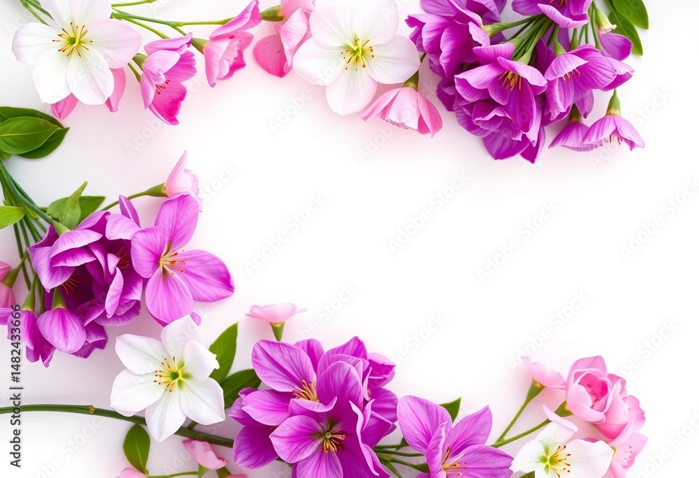 Fototapeta premium Elegant spring floral frame of purple, pink & white blossoms on white background, blossom, card template