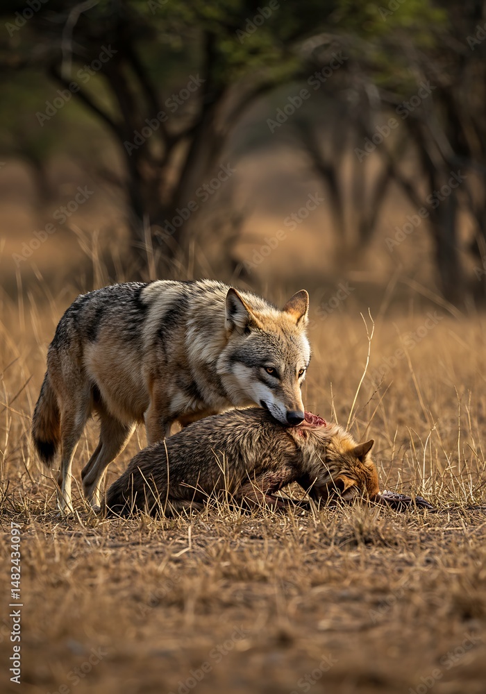 Obraz premium Golden Hour Hunt: Wolf's Silent Feast