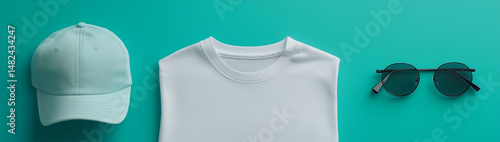 White T-shirt turquoise cap black glasses on blue background close-up. Generated by artificial intelligence. 