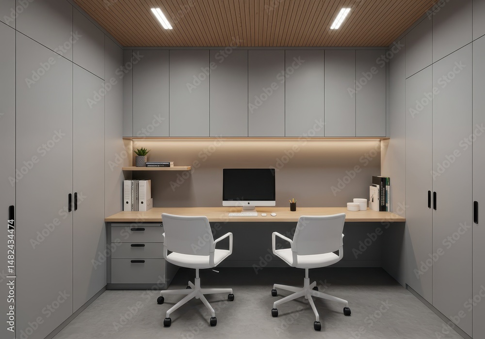 Fototapeta premium A modern workspace features a long desk with two chairs and ample storage cabinets