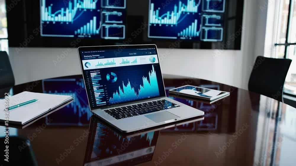 Multiple monitors and laptop showing rising financial charts in high-tech meeting room, data analysis and economic growth visual loop Multiple monitors and laptop showing rising financial charts in high-tech meeting room, data analysis and economic growth visual loop