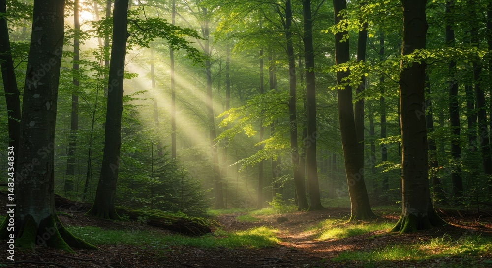 Fototapeta premium Serene forest scene with sunlight filtering through trees, showcasing nature's beauty