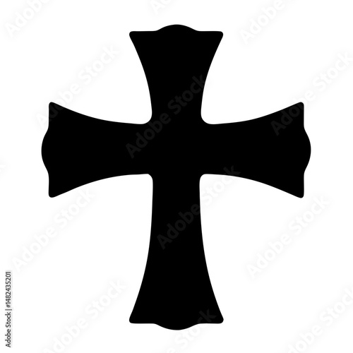 A distinctive black cross with flaring ends against a stark white background