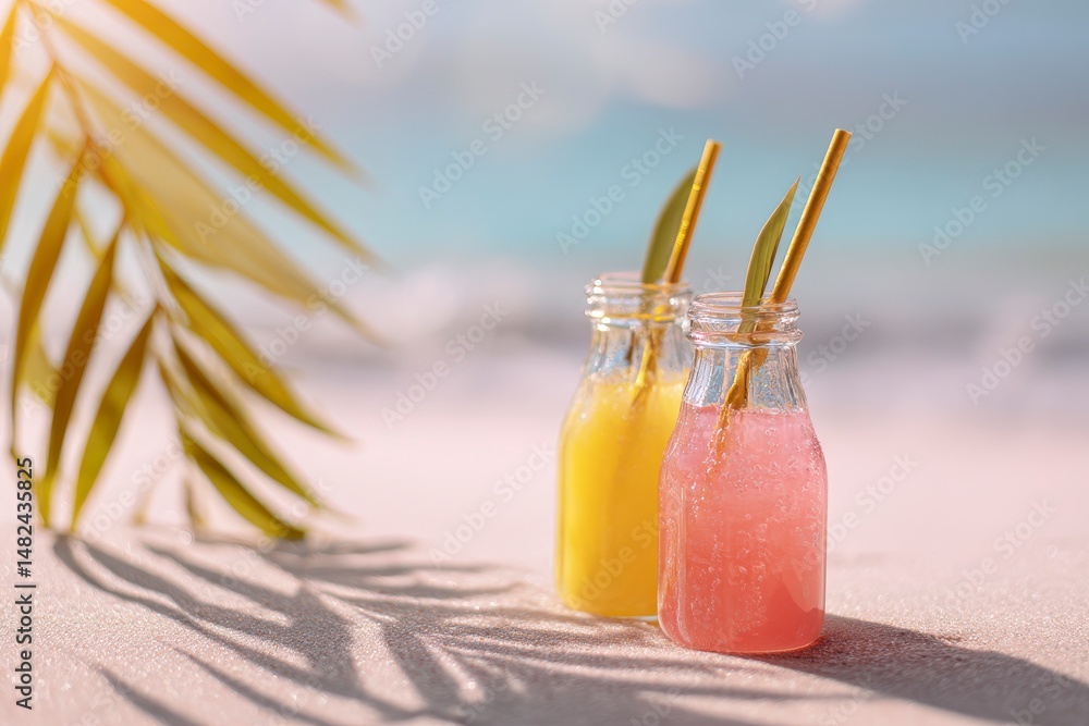 Picnic with fruit cocktails on tropical beach