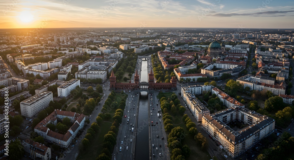 Fototapeta premium Cityscape at Sunset with River and Architectural Structure