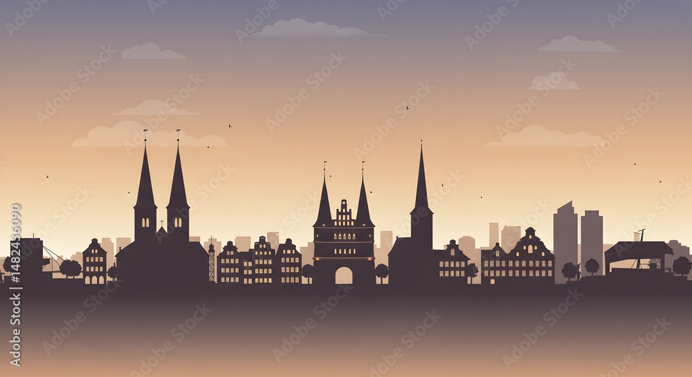 Fototapeta premium Cityscape Silhouette at Dusk with Towers and Buildings Skyline