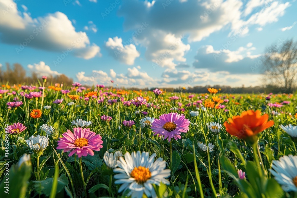 Vibrant spring landscape filled with colorful flowers and greenery Vibrant spring landscape filled with colorful flowers and greenery