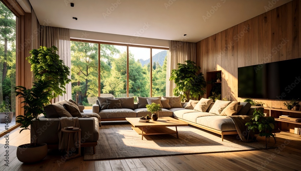 Fototapeta premium Modern living room with large windows, sofa, and lush greenery, showcasing a comfortable interior design style with natural light and inviting atmosphere.
