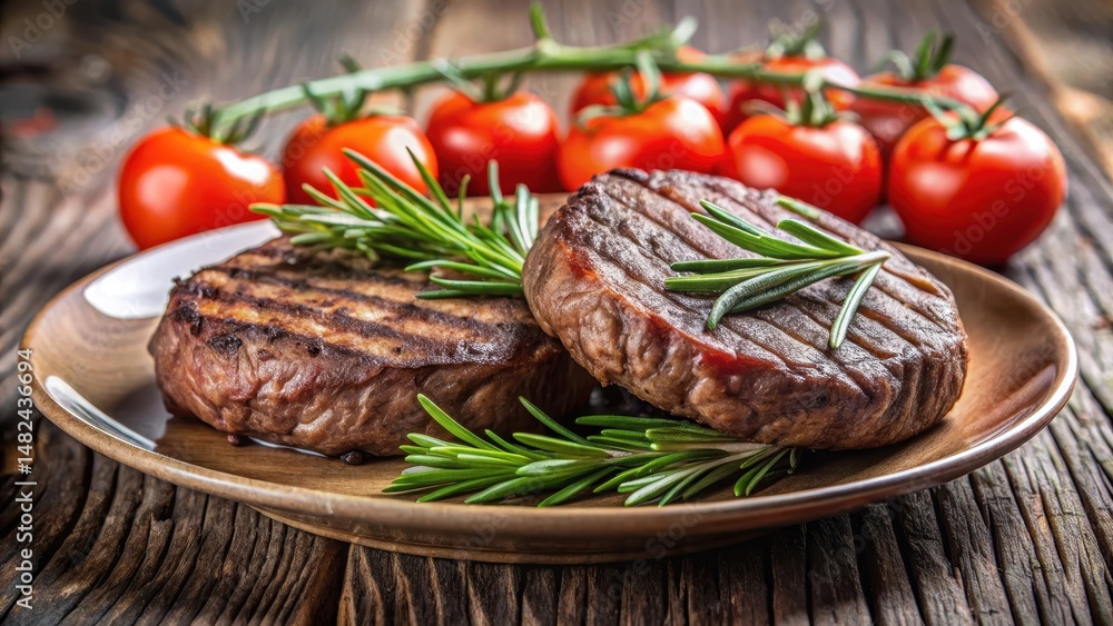 grilled beef patties on plate with rosemary and tomatoes, grilled, savory, grilled, savory, plate, food, herbs, dining grilled beef patties on plate with rosemary and tomatoes, grilled, savory, grilled, savory, plate, food, herbs, dining