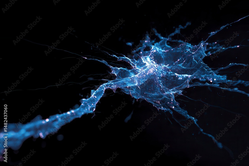 A visually striking abstract image resembling a neuron structure exploding in blue hues against a deep black background