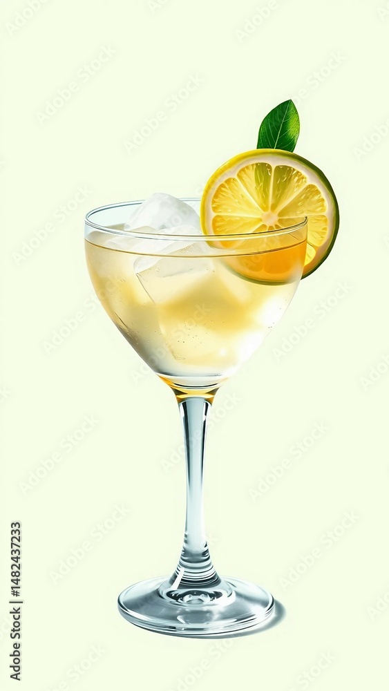 Glass of Gimlet cocktail with lime wheel garnish on light green background Watercolor illustration o Glass of Gimlet cocktail with lime wheel garnish on light green background Watercolor illustration o